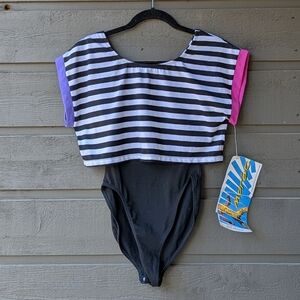 VTG NWT 1980s Leotard Jacques Moret Bodysuit Striped High Cut Color Block